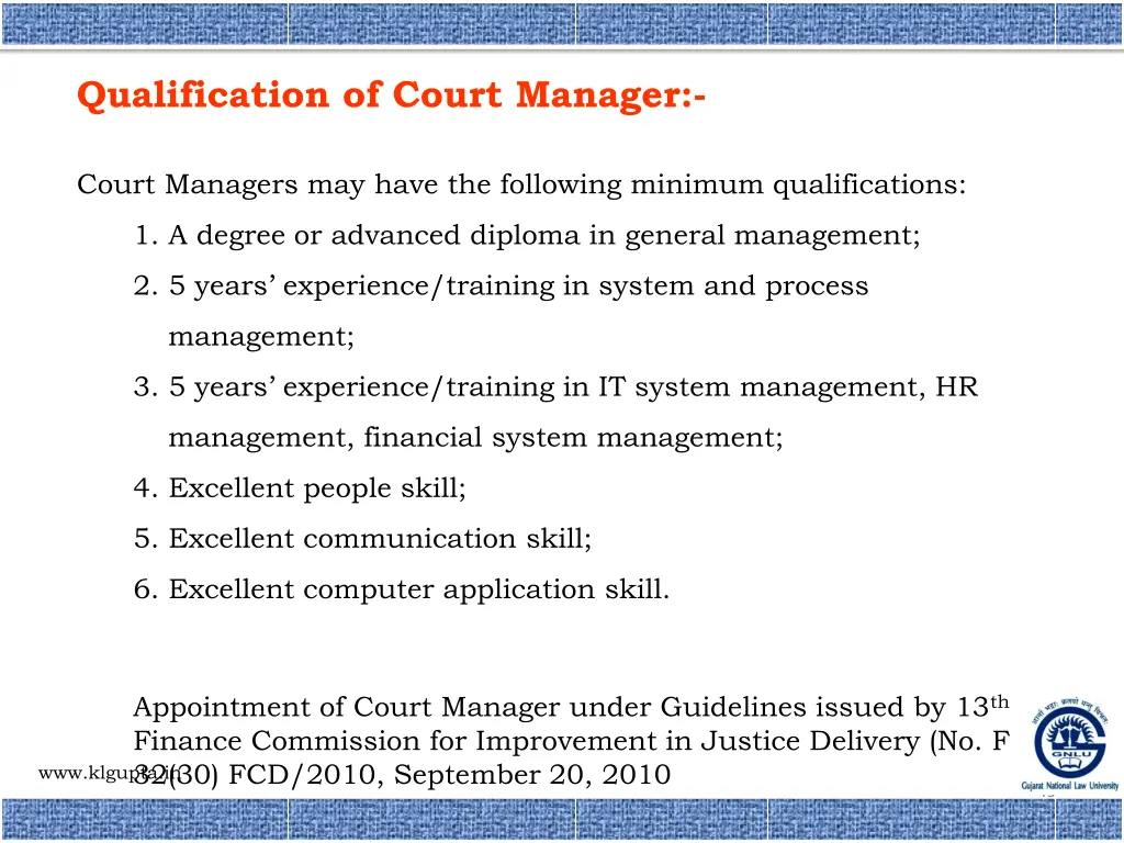 qualification of court manager