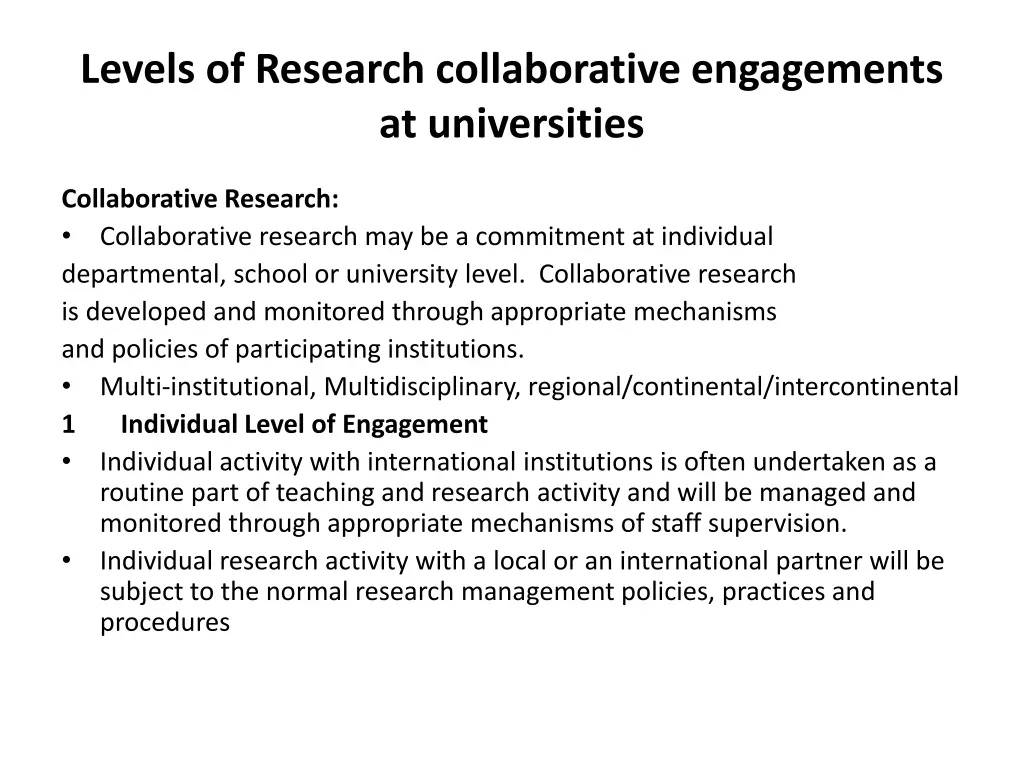 levels of research collaborative engagements