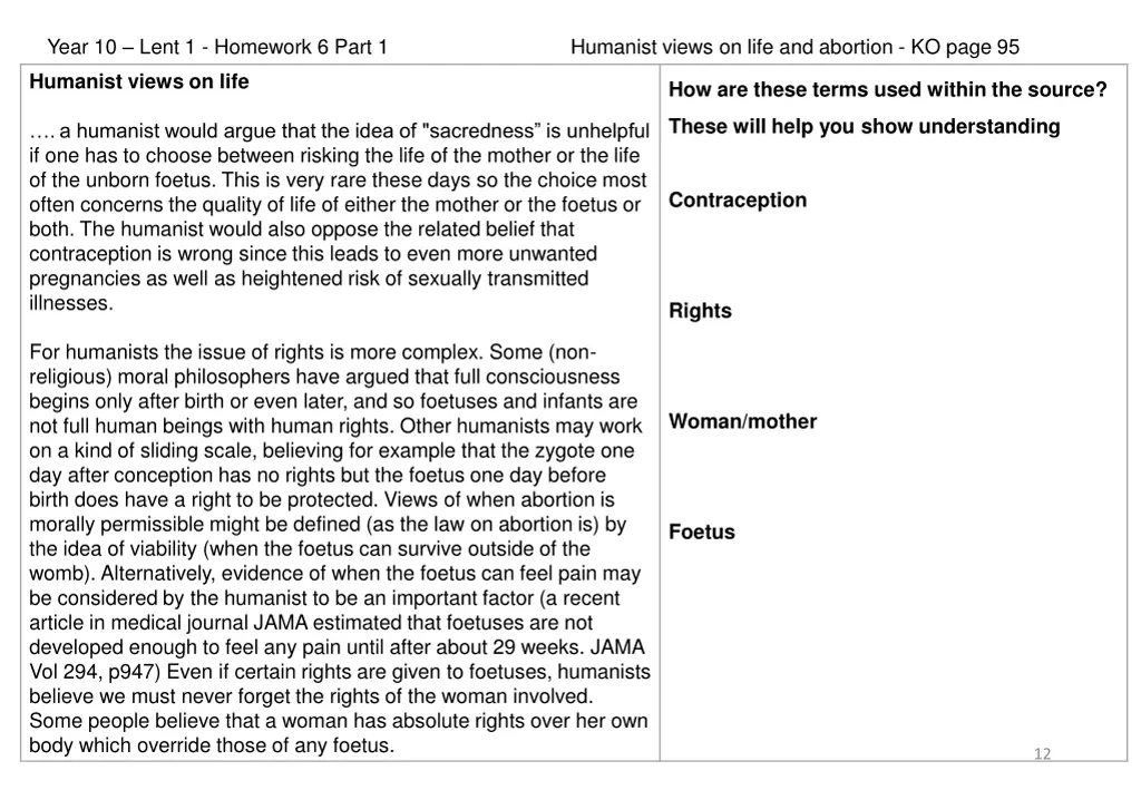 year 10 lent 1 homework 6 part 1 humanist views