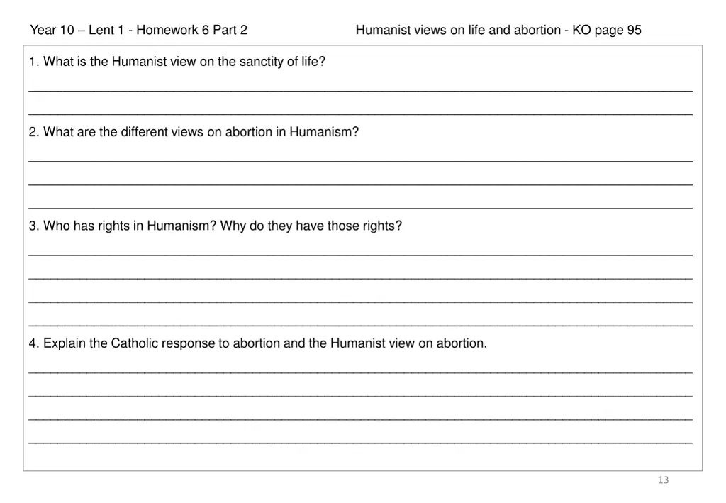 year 10 lent 1 homework 6 part 2 humanist views