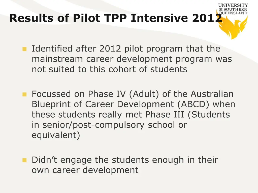 results of pilot tpp intensive 2012