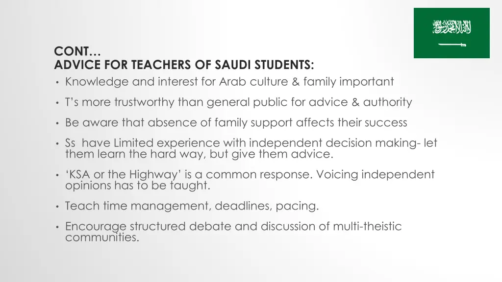 cont advice for teachers of saudi students