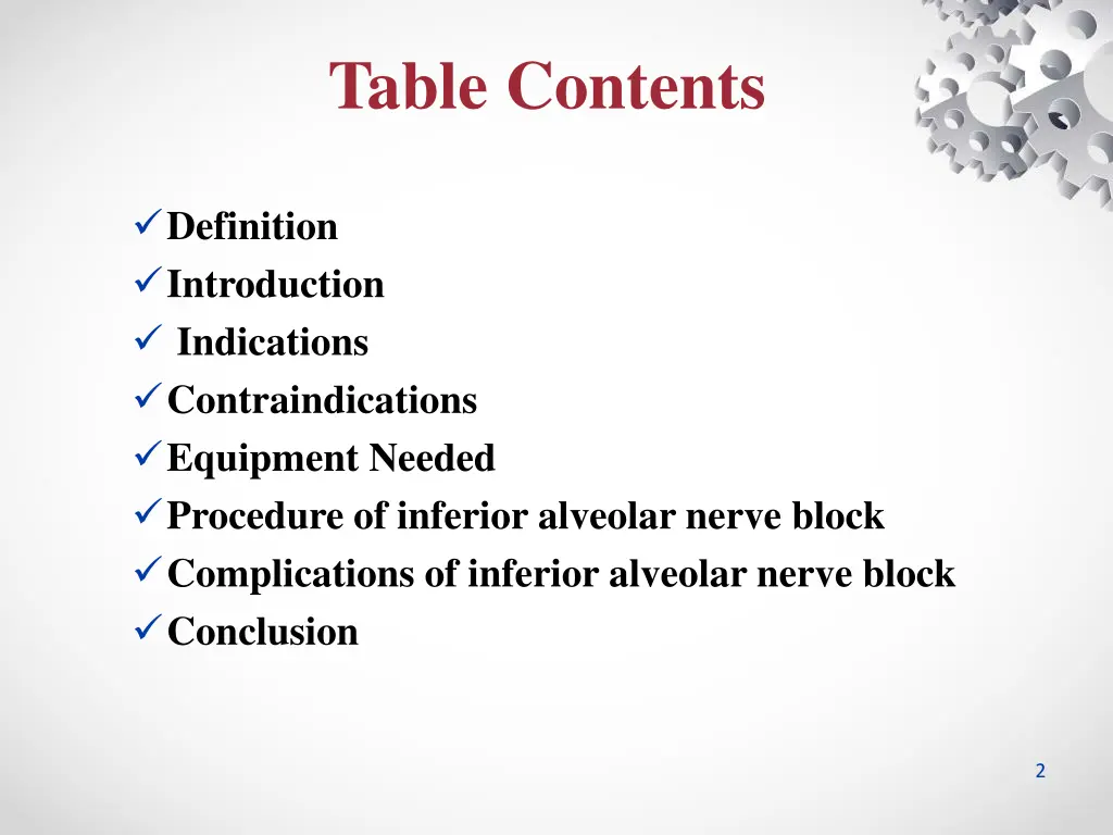 table contents