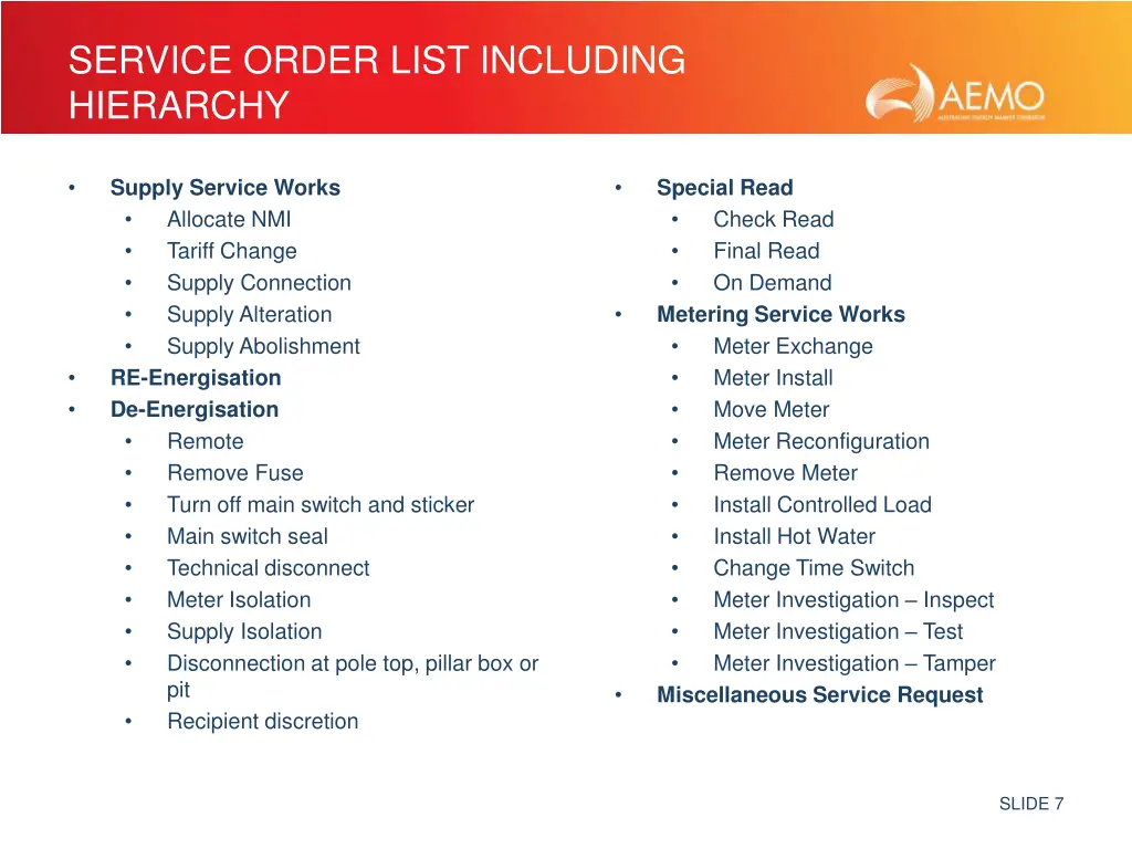 service order list including hierarchy