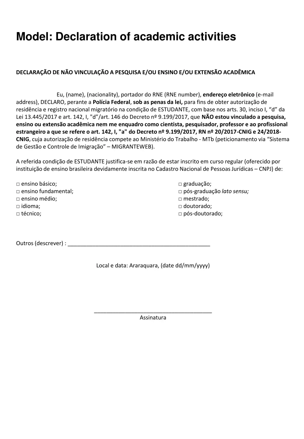 model declaration of academic activities
