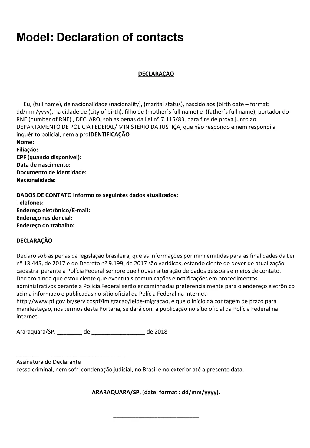 model declaration of contacts