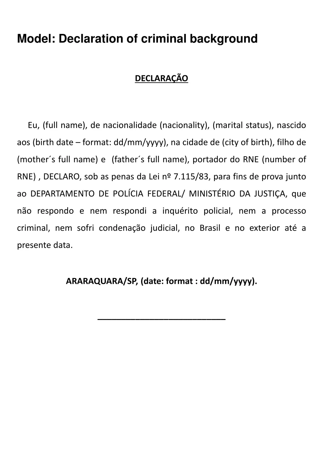 model declaration of criminal background