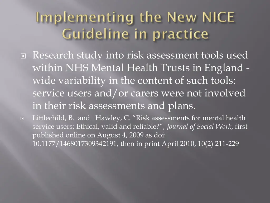 research study into risk assessment tools used