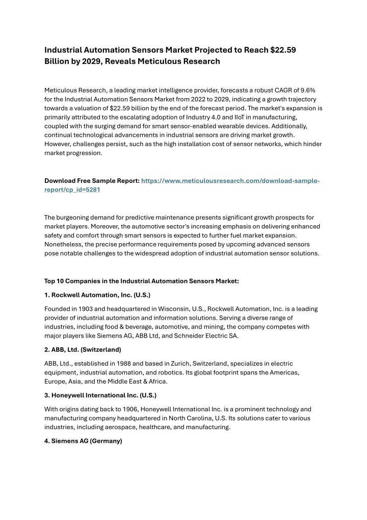 industrial automation sensors market projected