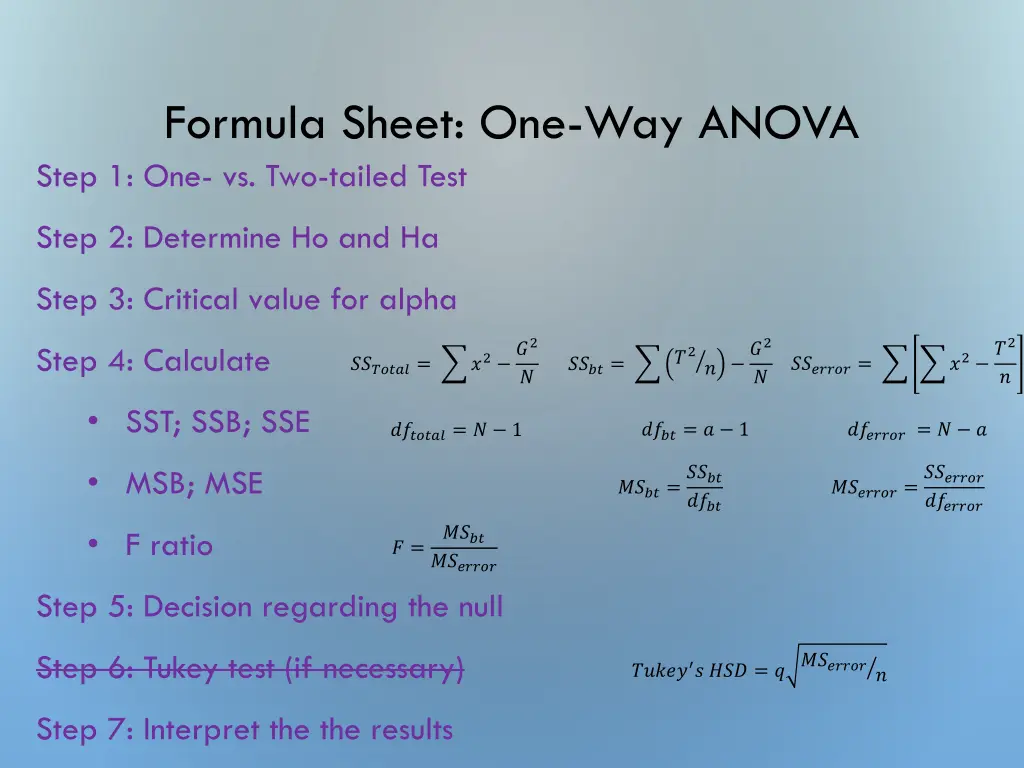 formula sheet one way anova step