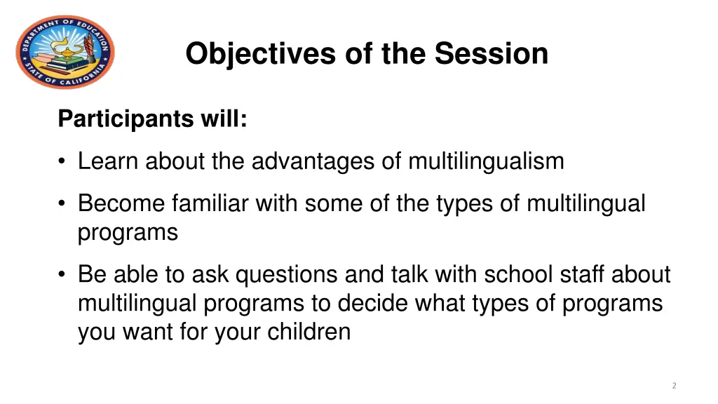 objectives of the session