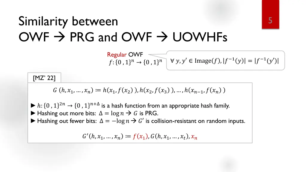 similarity between owf prg and owf uowhfs