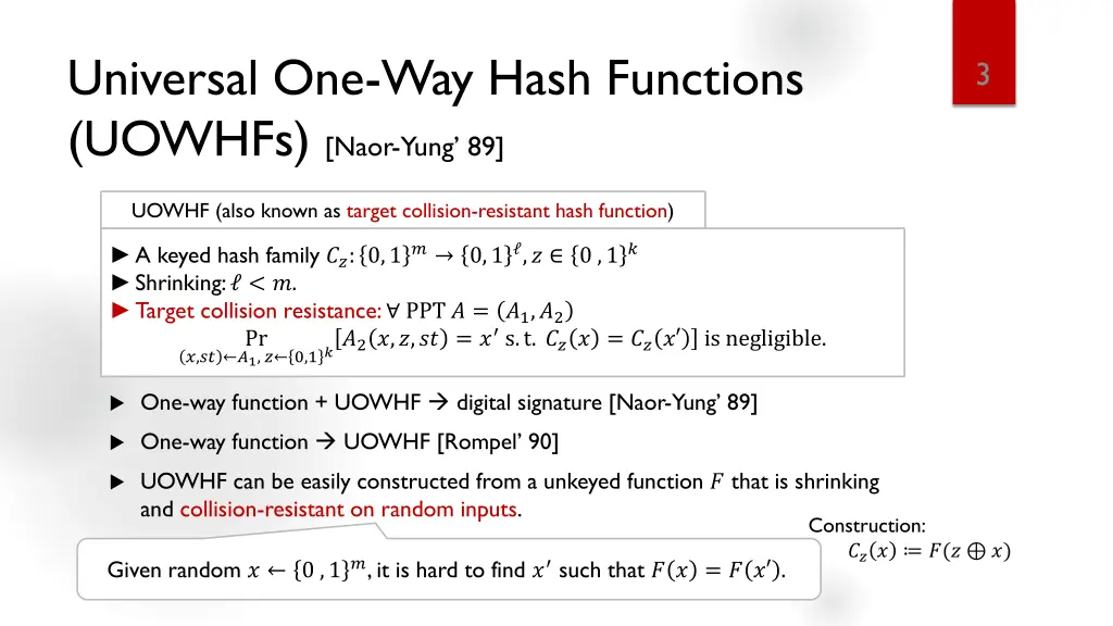 universal one way hash functions uowhfs naor yung