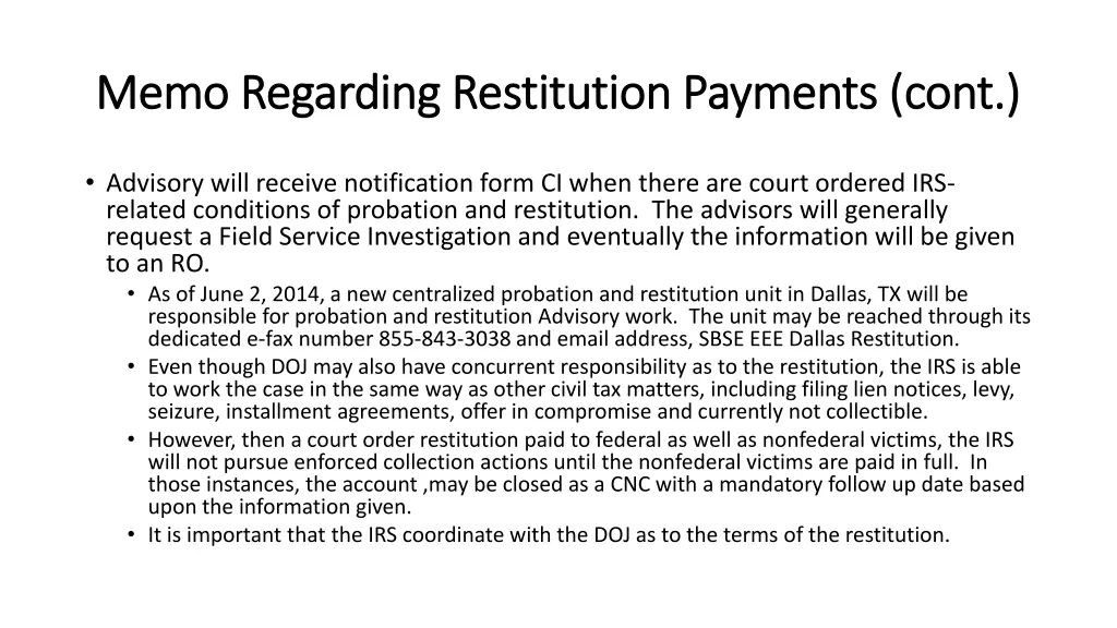 memo regarding restitution payments cont memo