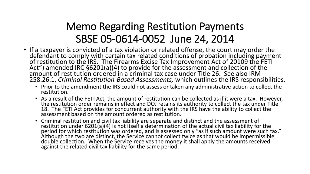 memo regarding restitution payments memo