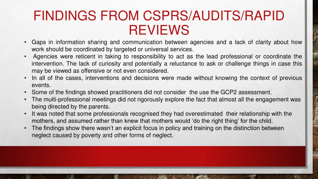 findings from csprs audits rapid reviews gaps