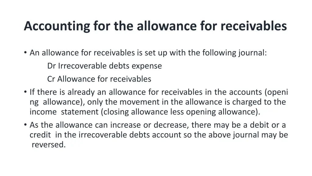 accounting for the allowance for receivables