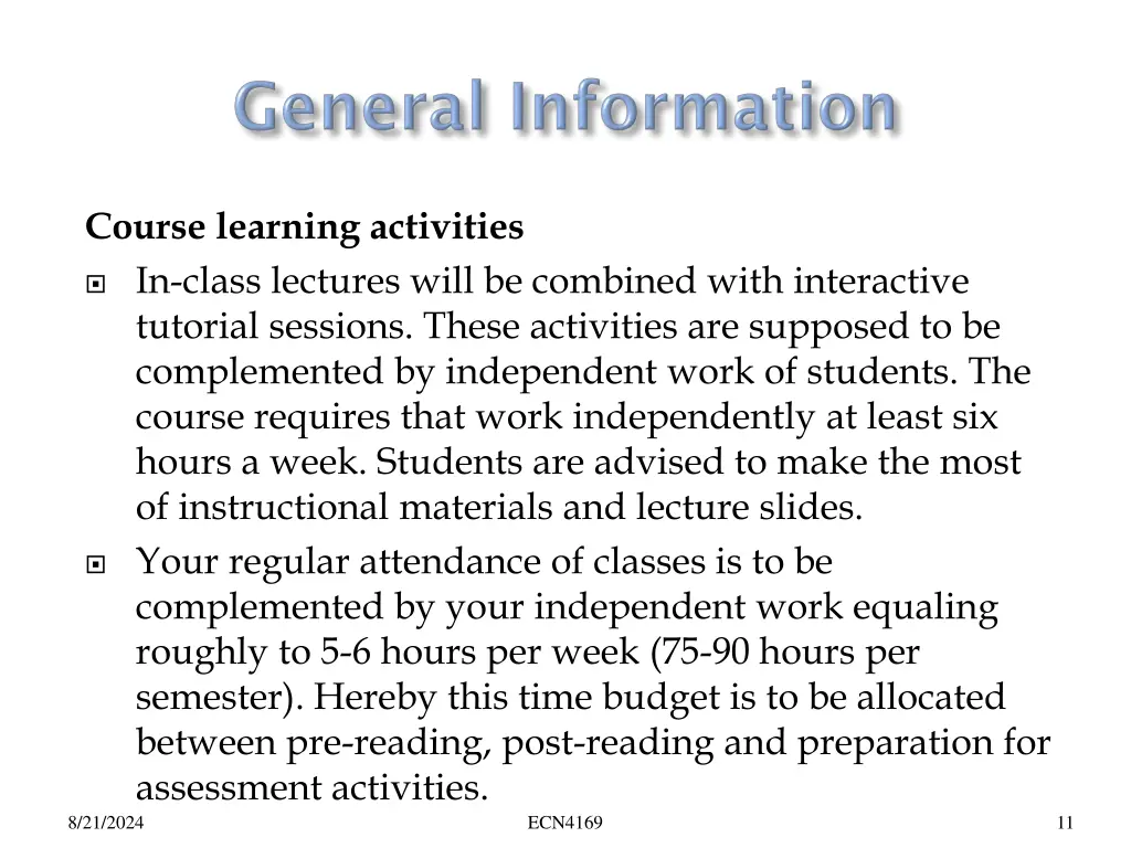 course learning activities in class lectures will
