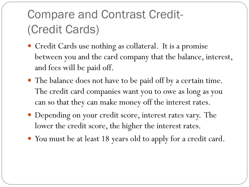 compare and contrast credit credit cards