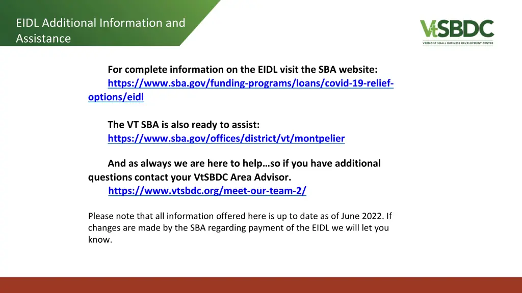 eidl additional information and assistance