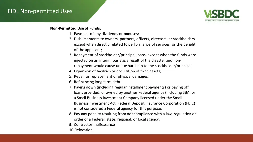 eidl non permitted uses