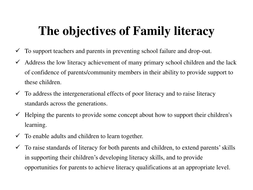 the objectives of family literacy