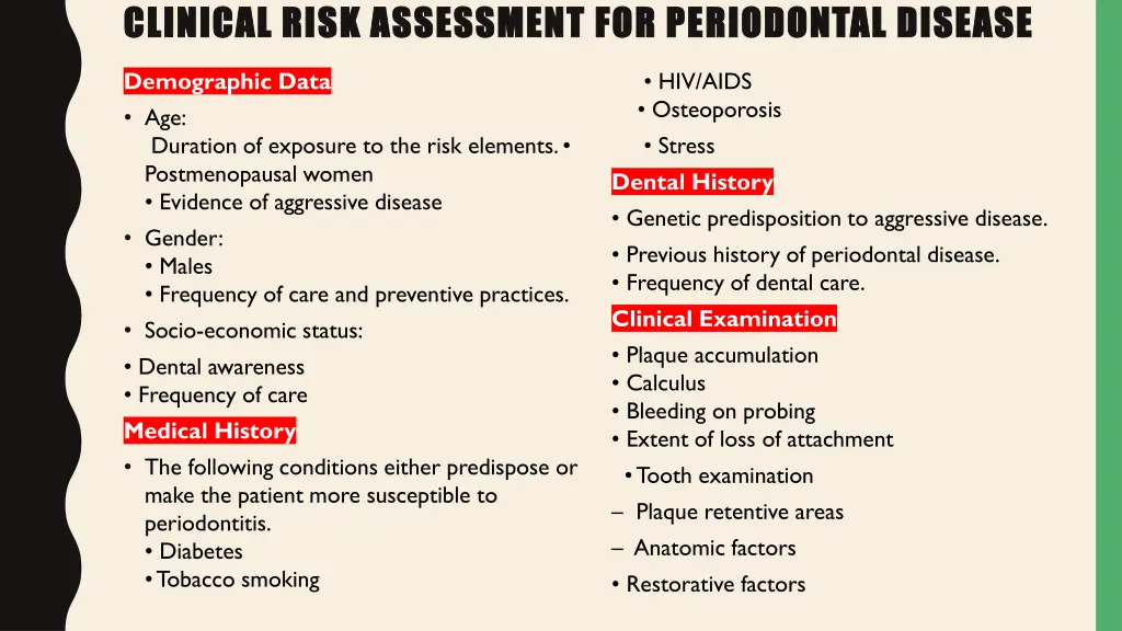 clinical risk assessment for periodontal disease