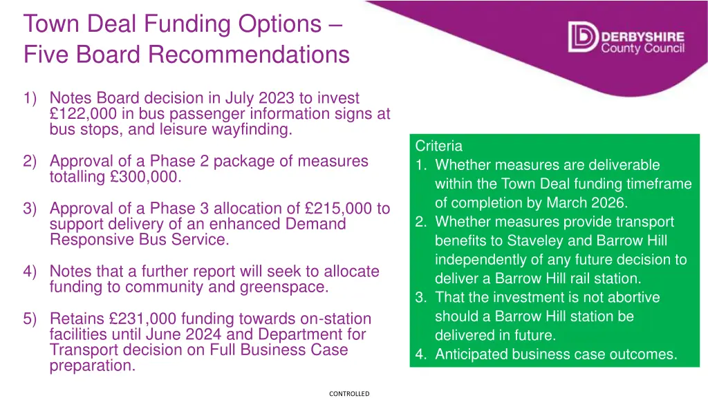 town deal funding options five board