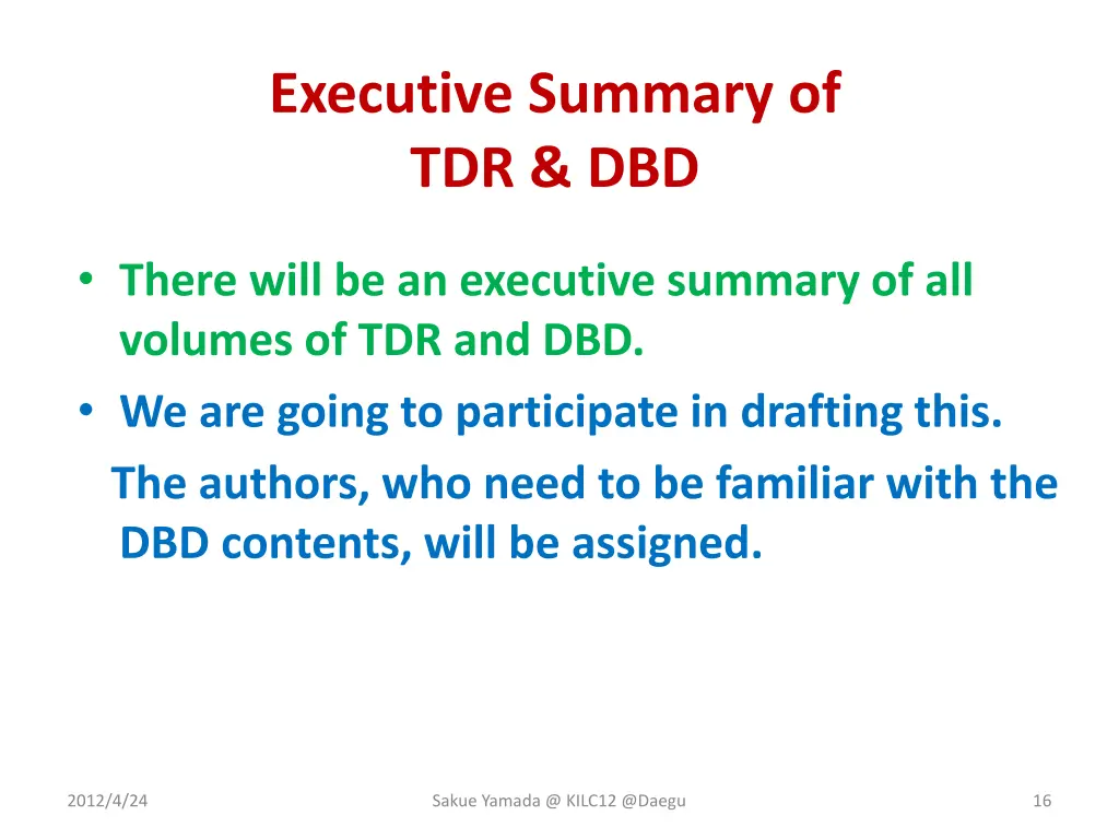 executive summary of tdr dbd
