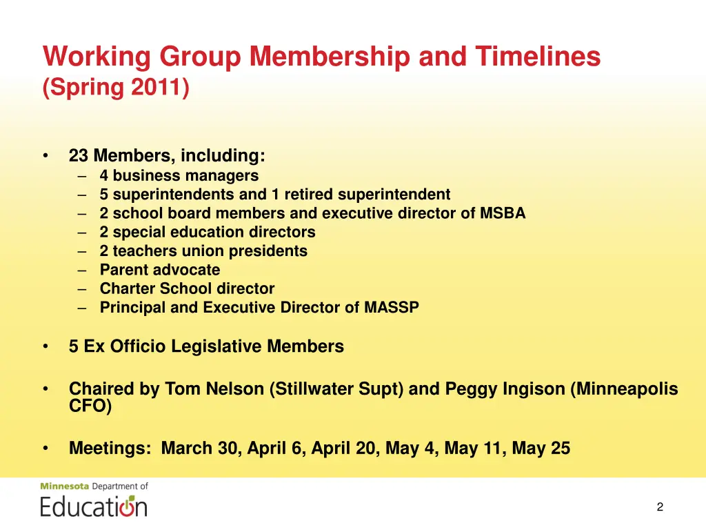 working group membership and timelines spring 2011
