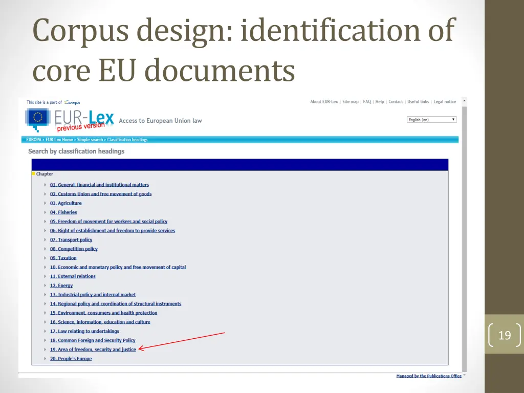 corpus design identification of core eu documents