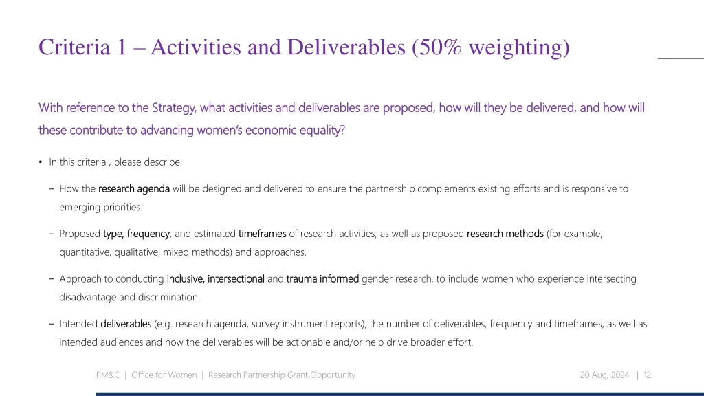 criteria 1 activities and deliverables
