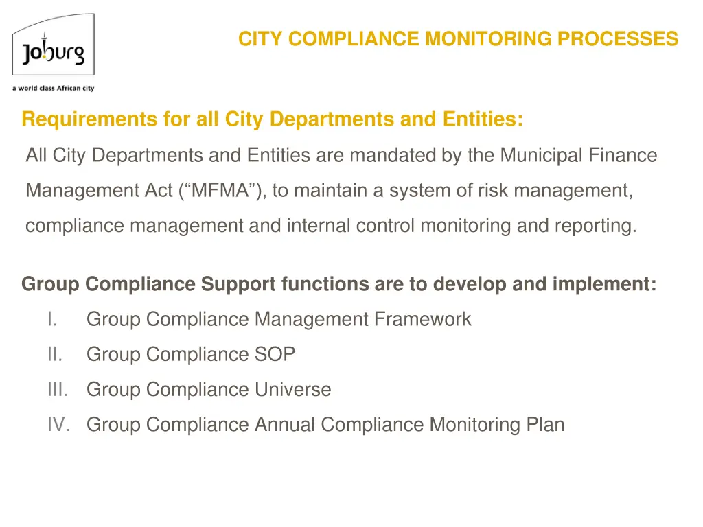 city compliance monitoring processes