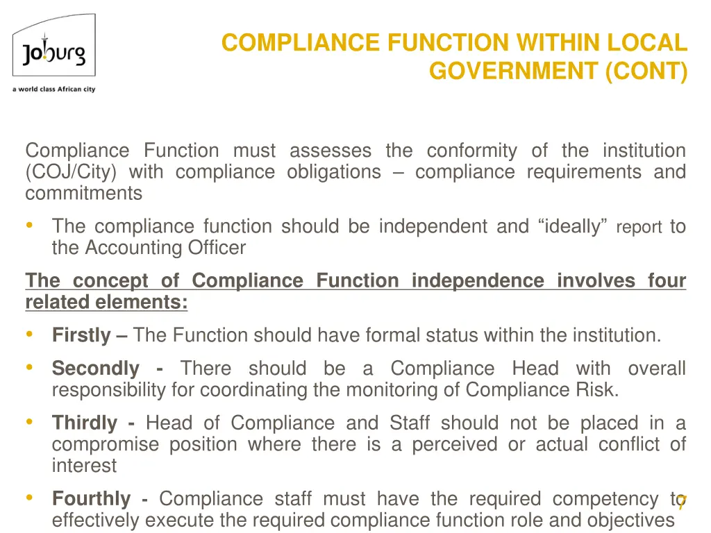 compliance function within local government cont