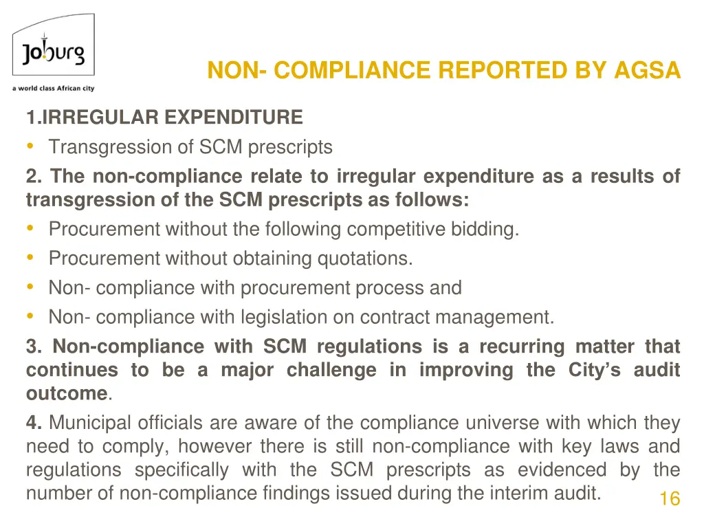 non compliance reported by agsa