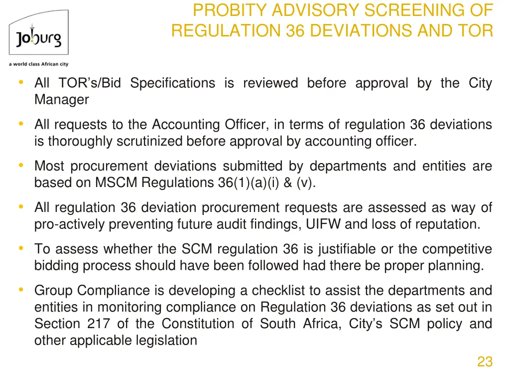 probity advisory screening of regulation