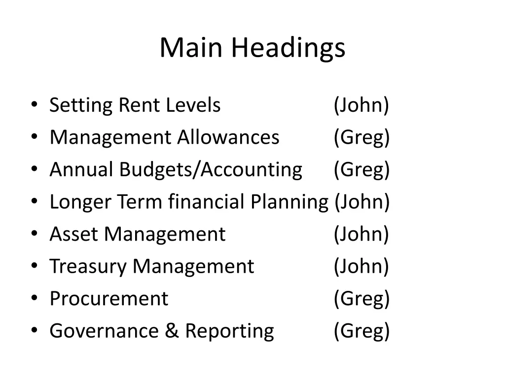 main headings