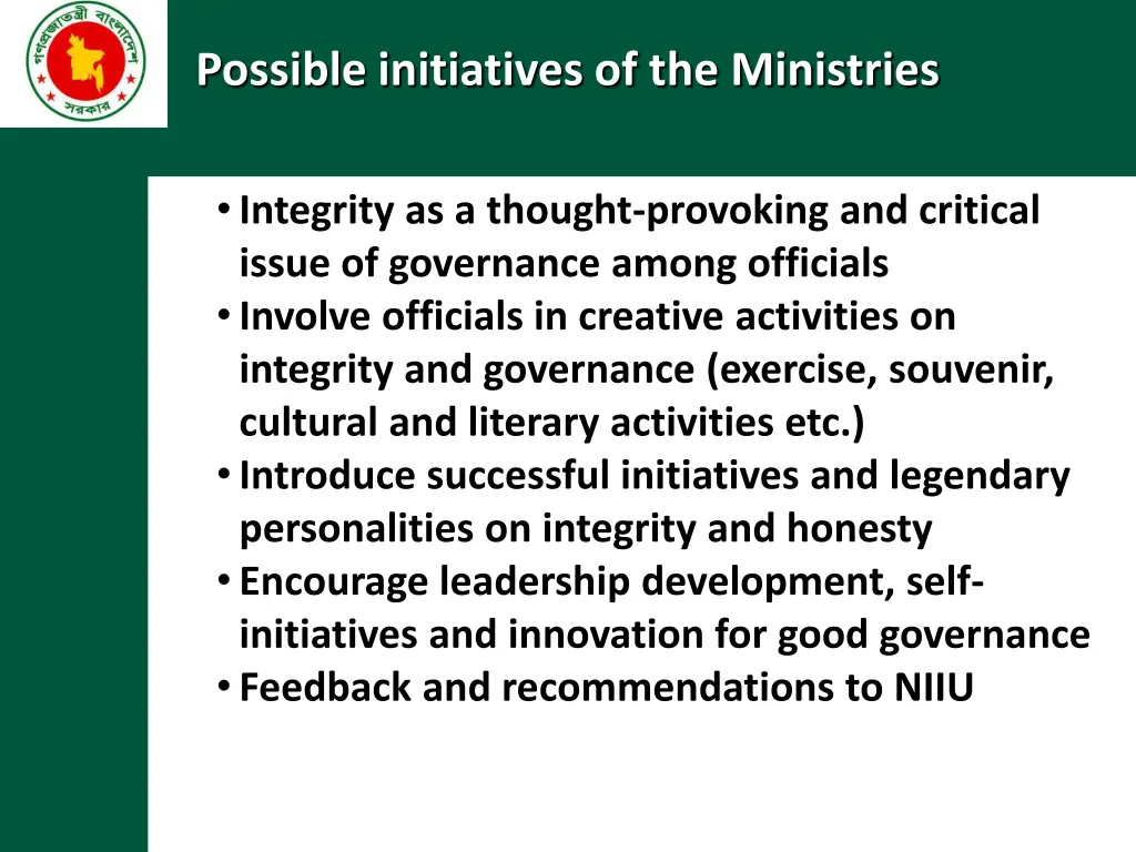 possible initiatives of the ministries