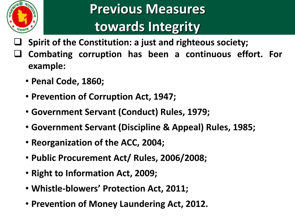 previous measures towards integrity