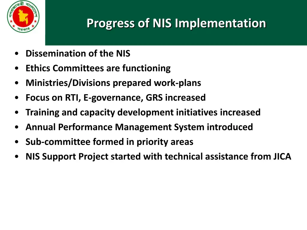 progress of nis implementation