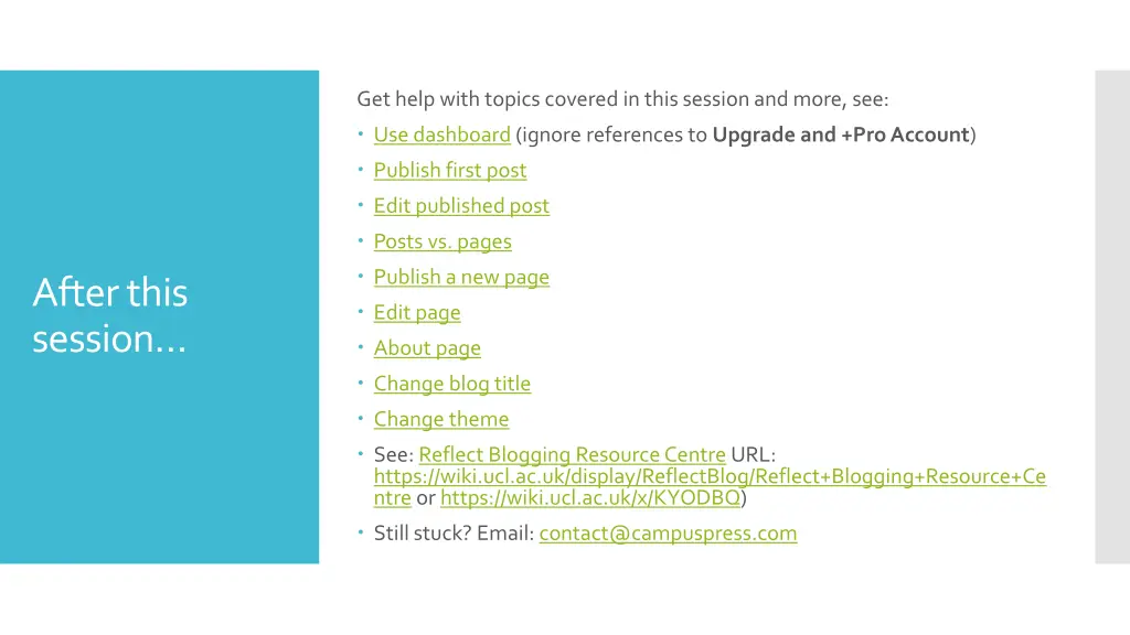get help with topics covered in this session