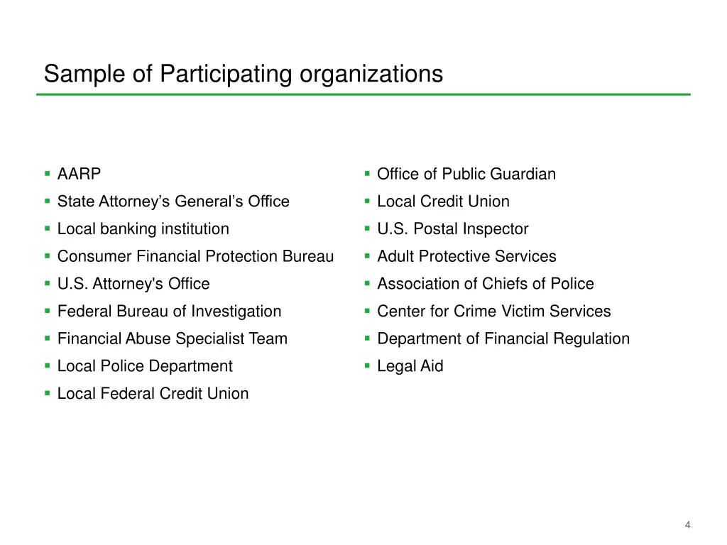 sample of participating organizations