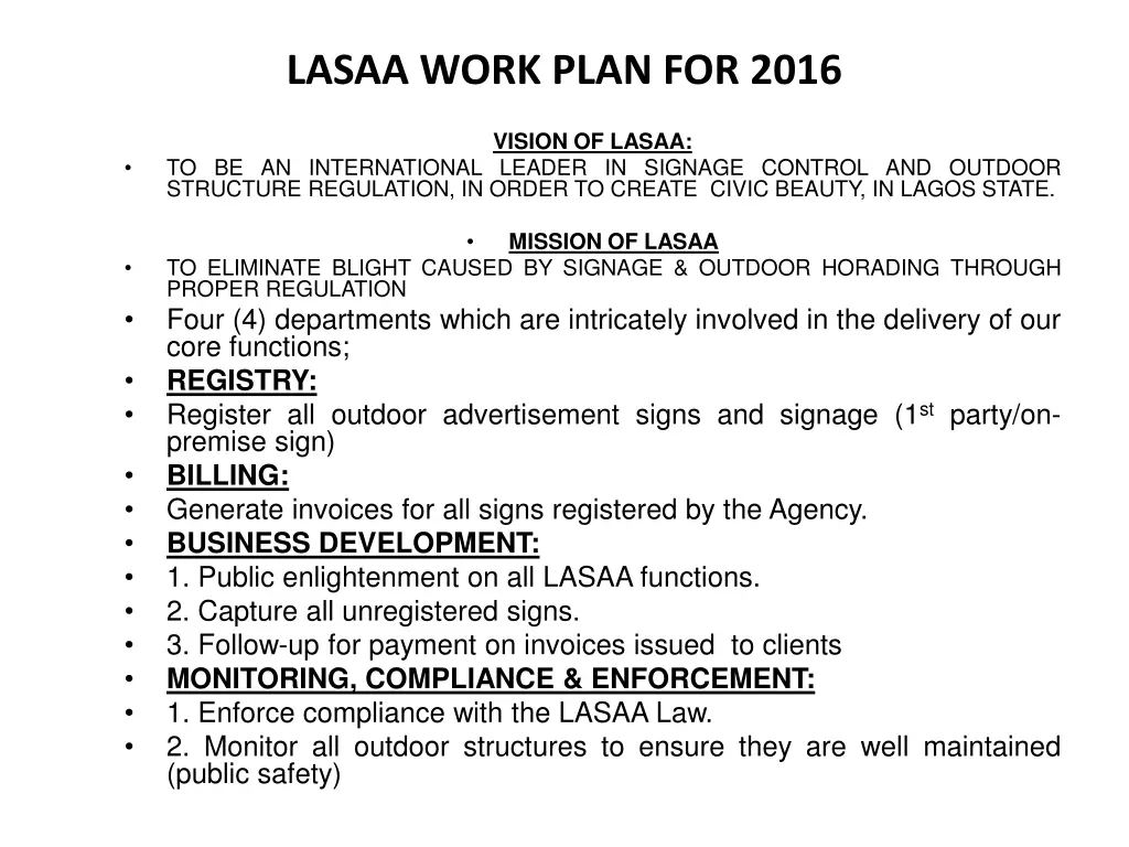 lasaa work plan for 2016