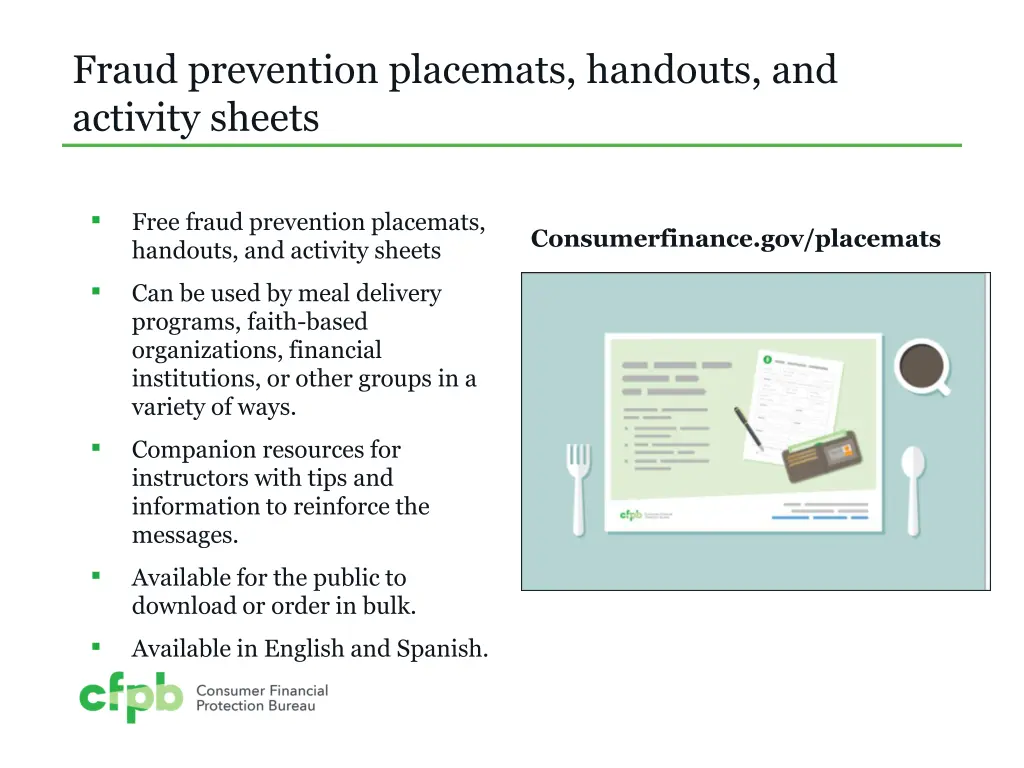 fraud prevention placemats handouts and activity