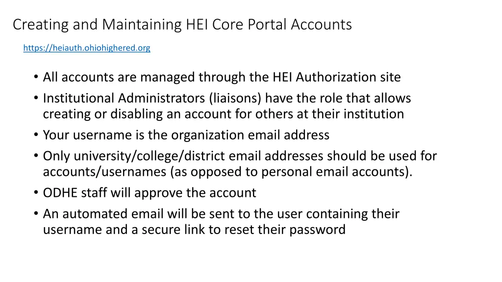 creating and maintaining hei core portal accounts