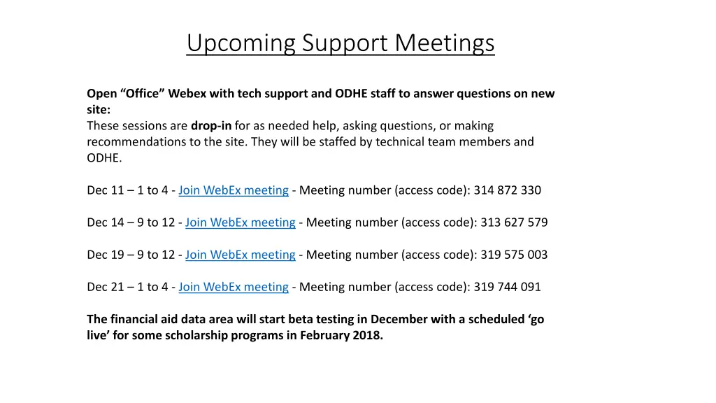 upcoming support meetings