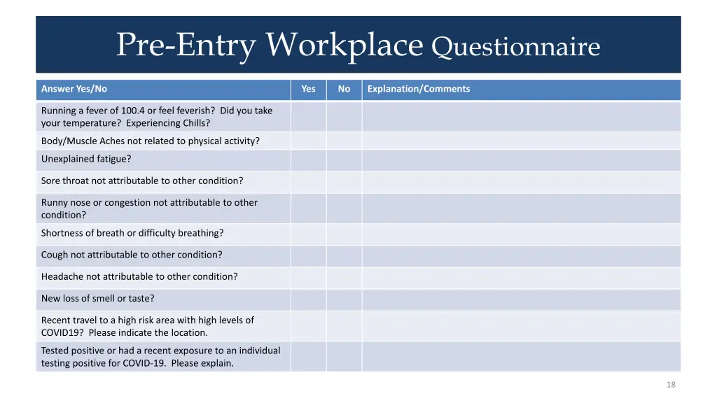 pre entry workplace questionnaire