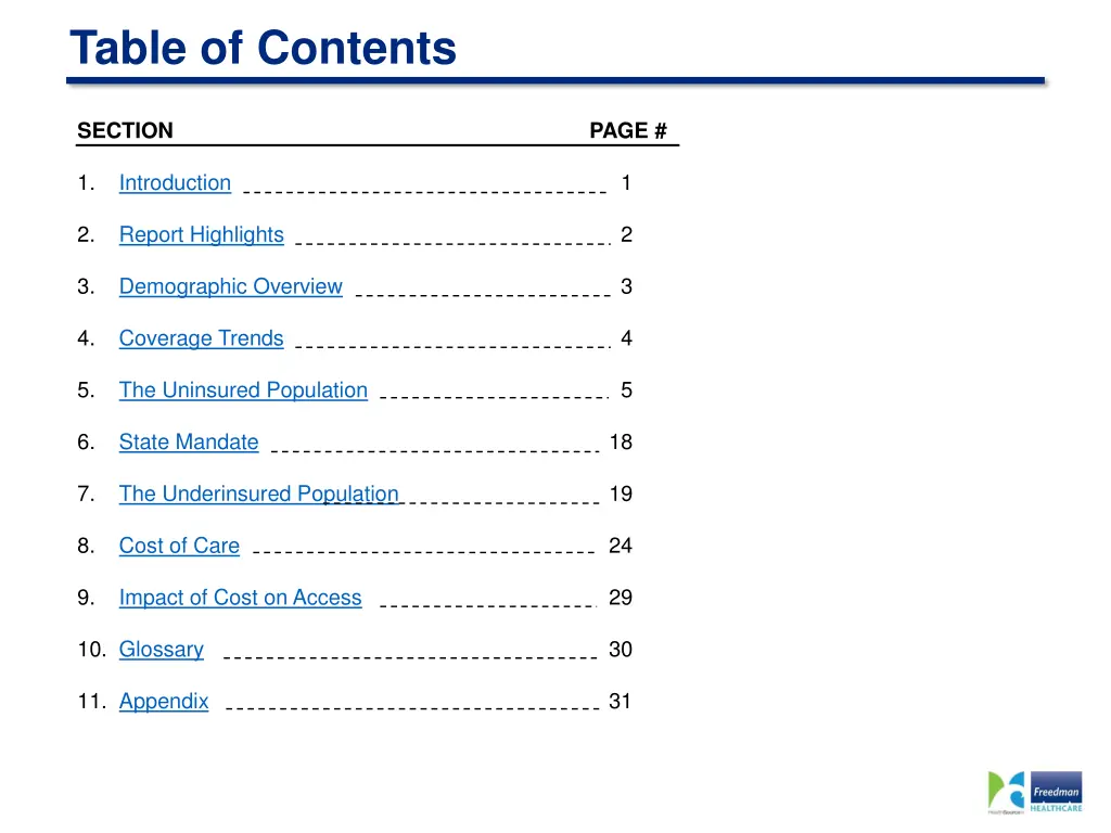 table of contents