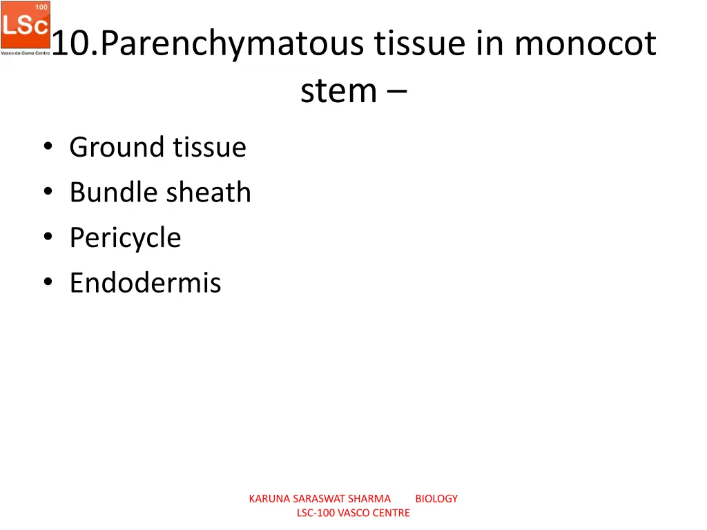 10 parenchymatous tissue in monocot stem