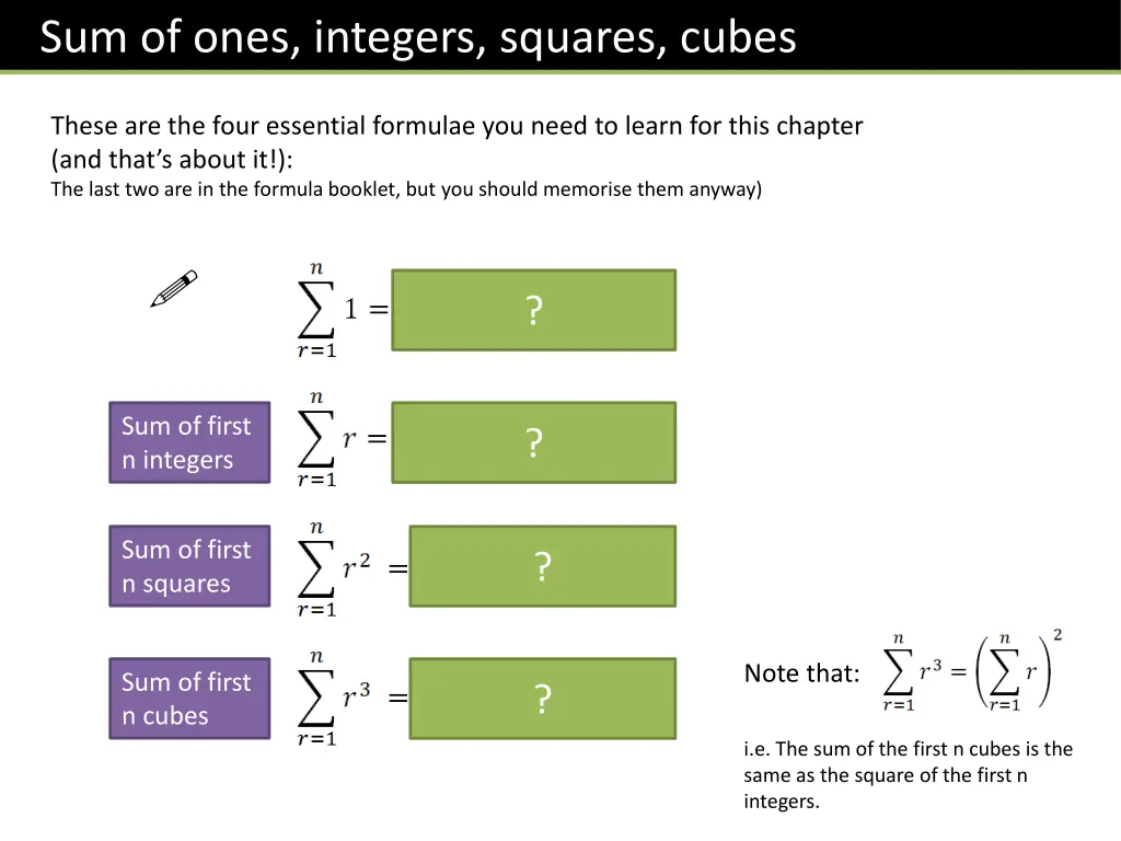 sum of ones integers squares cubes